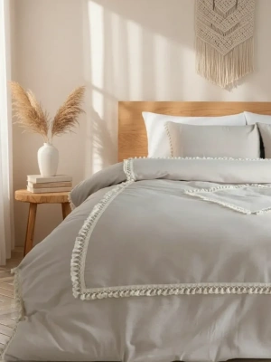 Bej Pamuk Keten Ikili Baklava Desen Ponponlu Çift Kişilik Nevresim Takımı