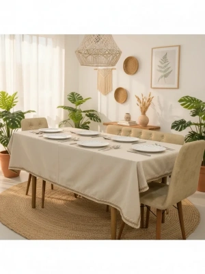Bej Pamuk Keten Jüt Dantelli Masa Örtüsü