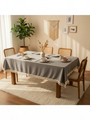 Gri Antrasit Pamuk Keten Ham Ponponlu Masa Örtüsü