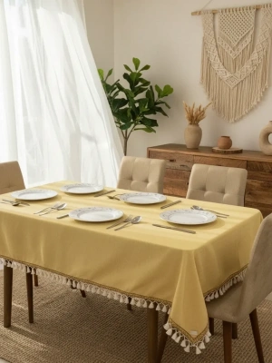 Sarı Pamuk Keten Kahverengi Şerit Ponponlu Masa Örtüsü