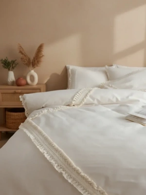 Ham Keten Baklava Desen Ponponlu Çift Kişilik Nevresim Takımı