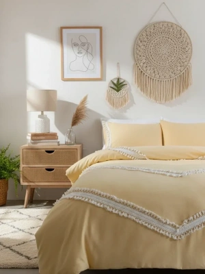 Sarı Renkli Pamuk Çift Ponponlu Çift Kişilik Nevresim Takımı