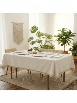Organik Ham Keten Krem Jüt Dantelli Masa Örtüsü