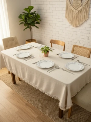 Ham Keten Organik Krem Kahverengi Şeritli Ponponlu Masa Örtüsü
