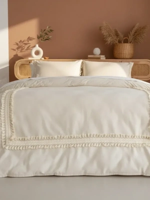 Ham Keten Krem Ponponlu Çift Kişilik Nevresim Takımı