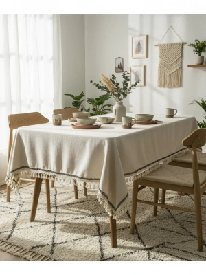 Organik Ham Keten Krem Siyah Şerit Detaylı Ponponlu Masa Örtüsü