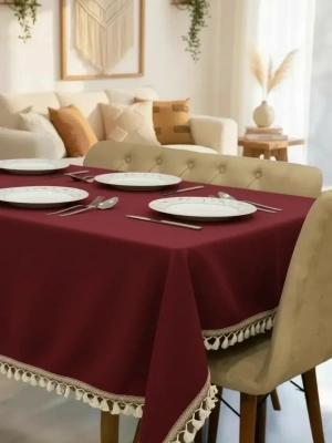 Bordo Pamuk Keten Şerit Ponponlu Masa Örtüsü
