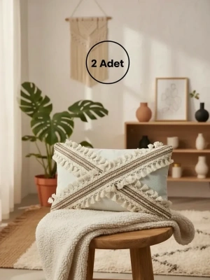 Ham Keten Krem Çapraz Kahve Dantelli Ponponlu 2 Adet Kırlent Kırlent Kılılfı (35 x 55)