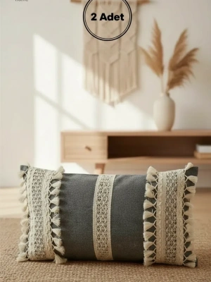 Keten Gri Antrasit Ham Dantel Kırlent 2 Adet Kırlent Kılıfı(35 x 55)
