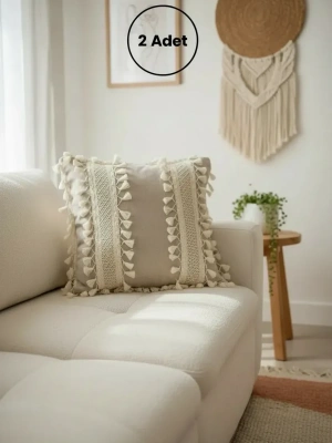 Bej Keten Kalın Dantel Ponponlu Kırlent 2 Adet Kırlent Kılıfı(43 X 43)