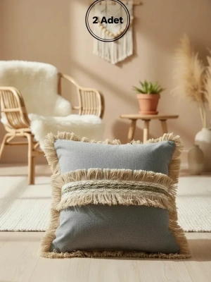 Gri Antrasit Jütlü Püskllü Kırlent 2 Adet Kırlent Kılıfı (43 x 43 )