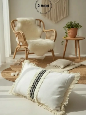 Keten Krem Siyah Şeritli Püsküllü Kırlent 2 Adet Kırlent Kılıfı(35 X 55 )
