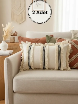 Keten Krem Üç Püsküllü Kırlent 2 Adet Kırlent Kılıfı (35 x 55)