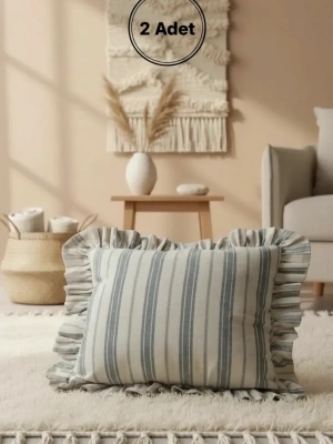 Premium Keten Gri Kalın Çizgili Fırfırlı Kırlent 2 Adet Kırlent Kılıfı (43 x 43 )