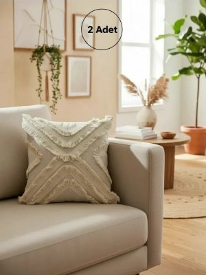 Ham Keten Çoklu Püsküllü Kare Kırlent 2 Adet Kırlent Kılıfı 43x43