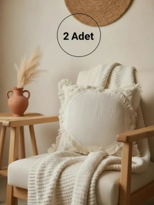 Ham Keten Baklava Mozaik Püsküllü Kırlent 2 Adet Kırlent Kılıfı 35x55