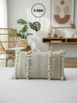 Ham Keten Üç Dantelli Ponponlu Kırlent 2 Adet Kırlent Kılıfı