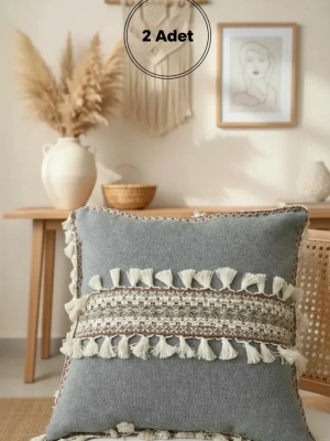 Antrasit Şeritli Ponponlu Kırlent 2 Adet Kırlent Kılıfı(43x43)