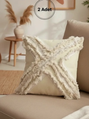 Sarı Renk Keten Çoklu Püsküllü Kırlent 2 Adet Kırlent Kılıfı