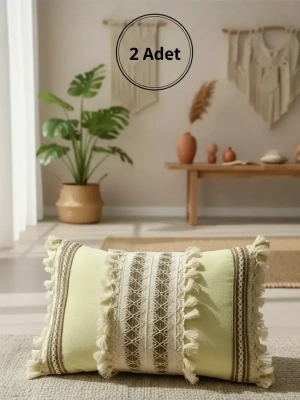 Sarı Kahverengi Dantelli Kırlent 2 Adet Kırlent Kılıfı (35 x 55)