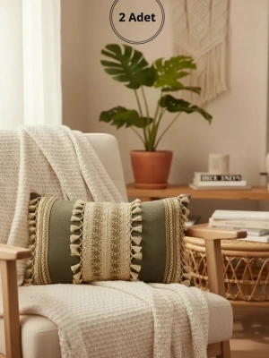 Gri Keten Üçlü Kahverengi Dantelli Kırlent 2 Adet Kırlent Kılıfı