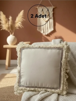 Dört Kenar Püsküllü Keten Krem Kırlent 2 Adet Kırlent Kılıfı43x43][