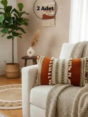 Kiremit Rengi Üçlü Kahve Dantelli Kırlent 2 Adet Kırlent Kılıfı