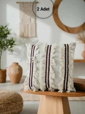 3 Püsküllü Ara Desenli Keten Krem Kırlent 2 Adet Kırlent Kılıfı