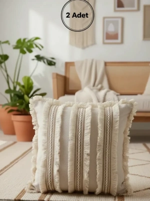 Üç Dantelli Püsküllü Ham Keten Krem 2 Adet Kırlent Kılıfı