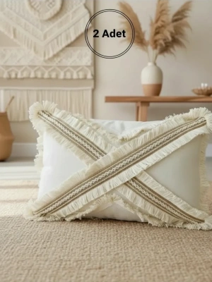 Çapraz Çoklu Püsküllü Keten Krem Kırlent 2 Adet Kırlent Kılıfı (35 x 55)