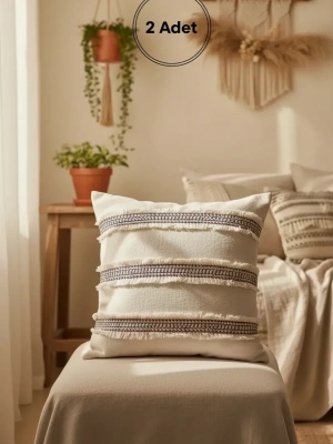 Mini Çift Püsküllü Keten Krem Kırlent 2 Adet Kırlent Kılıfı (43 x 43)