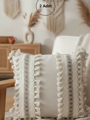 Kalın Dantel Ponponlu Krem Kırlent 2 Adet Kırlent Kılıfı (43 x 43)