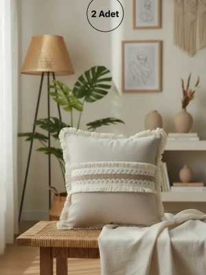 Keten Bej Kalın Dantel Kırlent 2 Adet Kırlent Kılıfı 43 X 43