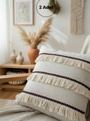 Üç Püsküllü Keten Krem Kırlent 2 Adet Kırlent Kılıfı (35 x 55)