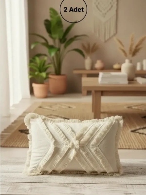 Çoklu Püsküllü Krem Keten Kırlent 2 Adet Kırlent Kılıfı (35 x 55)