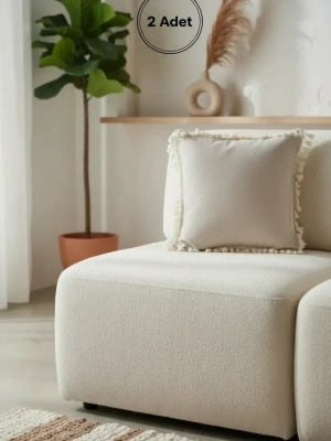 Bej Ponponlu Kırlent 2 Adet Kırlent Kılıfı