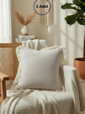 Bej Püsküllü Kırlent 2 Adet Kırlent Kılıfı 43 X 43