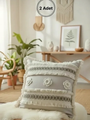 Kalın Dantel Püsküllü ve Motifli Keten Krem Kırlent 2 Adet Kırlent Kılıfı (43 x 43)