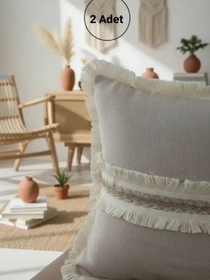 Bej Keten Jüt Dantelli Kırlent 2 Adet Kırlent Kılıfı (43 x 43)