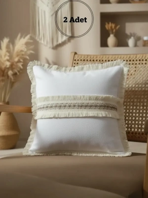 Beyaz Keten Jüt Dantelli Kırlent 2 Adet Kırlent Kılıfı (43 x 43)