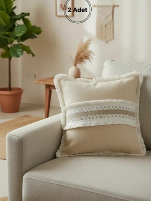 Sarı Keten Kalın Dantel Kırlent 2 Adet Kırlent Kılıfı (43 x 43)