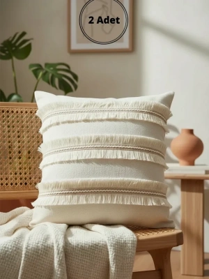 Özel Tasarım Jütlü Püsküllü Keten Krem Kırlent 2 Adet Kırlent Kılıfı ( 45 X 45)