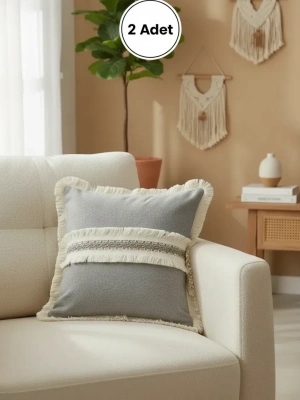 Antrasit Keten Jüt Dantelli Kırlent 2 Adet Kırlent Kılıfı (43 x 43)