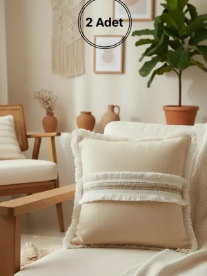 Sarı Keten Jüt Dantelli Kırlent 2 Adet Kırlent Kılıfı