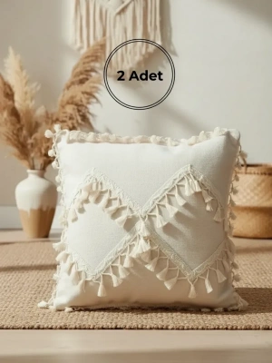 Özel Tasarım Çapraz Ponponlu Tekli Keten Krem Kırlent 2 Adet Kırlent Kılıfı (45X55)