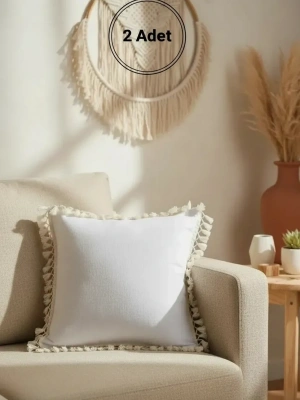 Keten Beyaz Ponponlu Kırlent 2 Adet Kırlent Kılıfı (43 x 43)