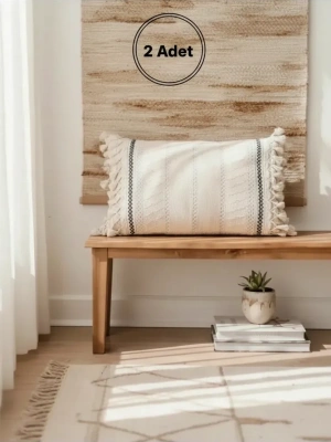 Özel Tasarım Runner Dantelli Keten Krem Kırlent 2 Adet Kırlent Kılıfı (35x55)