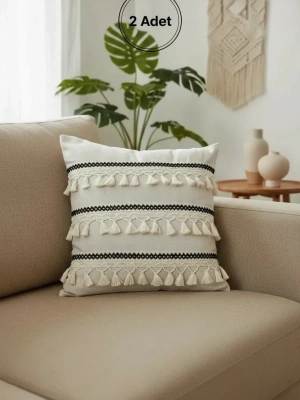 Özel Tasarım Siyah Şeritli Keten Krem Kırlent 2 Adet Kırlent Kılıfı