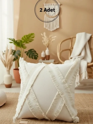 Özel Tasarımkare Çapraz Kokoş Tekli Keten Krem Kırlent 2 Adet Kırlent Kılıfı (43 x 43)