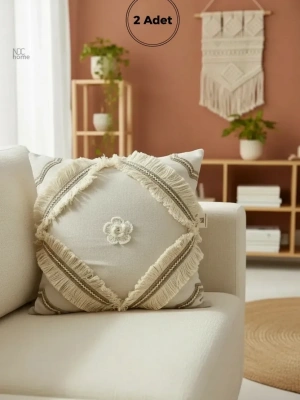 Özel Tasarım Keten Krem Kırlent 2 Adet Kırlent Kılıfı (43 x 43)